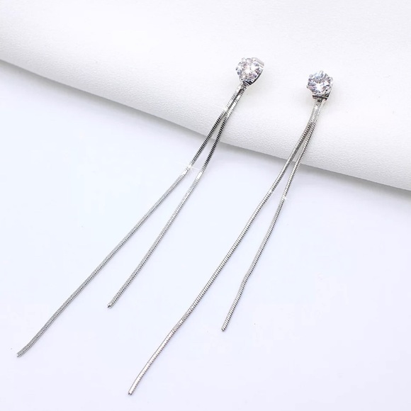 Silver Long Crystal Tassel Dangle Earrings - Picture 2 of 4